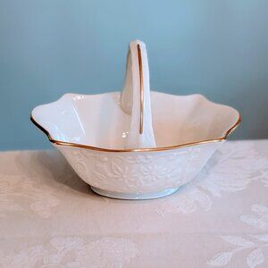 Lenox Sans Souci Handled Basket Candy Dish Trinket Bowl Bone China 24K Gold Trim